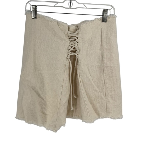 Mango Committed Cream Organic Cotton Lace-Up Mini Skirt, Boho Resort Coastal - Picture 2 of 11